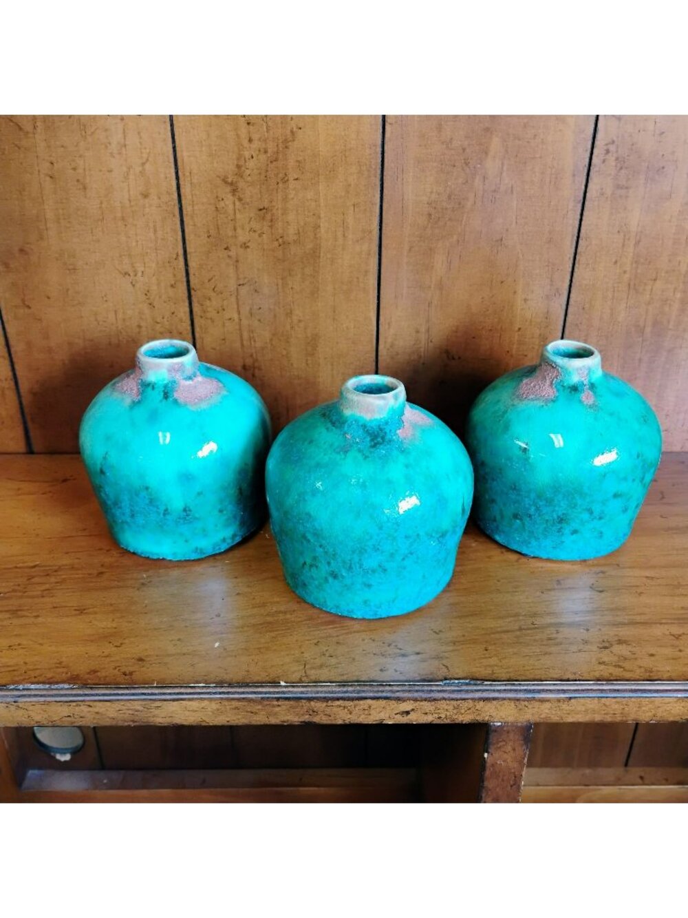 Set Of 3 Turquoise Ceramic Vases With Rustic Glaze Finish, Hand Crafted Bud Vase